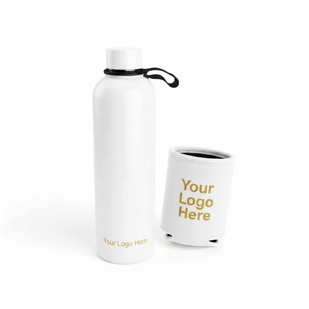Branded Drink Bottles & Stubby Coolers - White & Gold